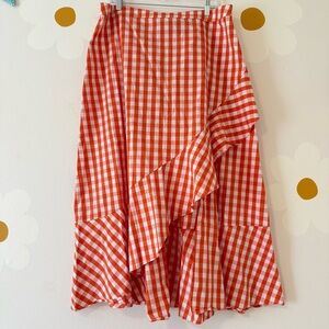 EUC Eloquii Asymmetrical Orange And White Gingham Ruffle Skirt Cottagecore